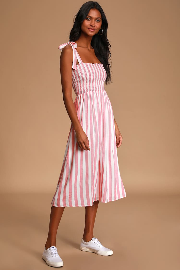 Looking Up Red Stripe Smocked Tie-Strap Midi Dress