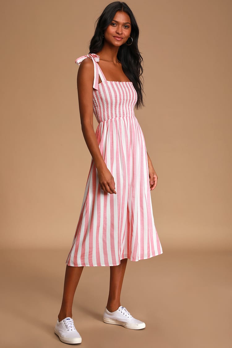Red Striped Midi Dress - Smocked Dress - Tie-Strap Midi Dress - Lulus