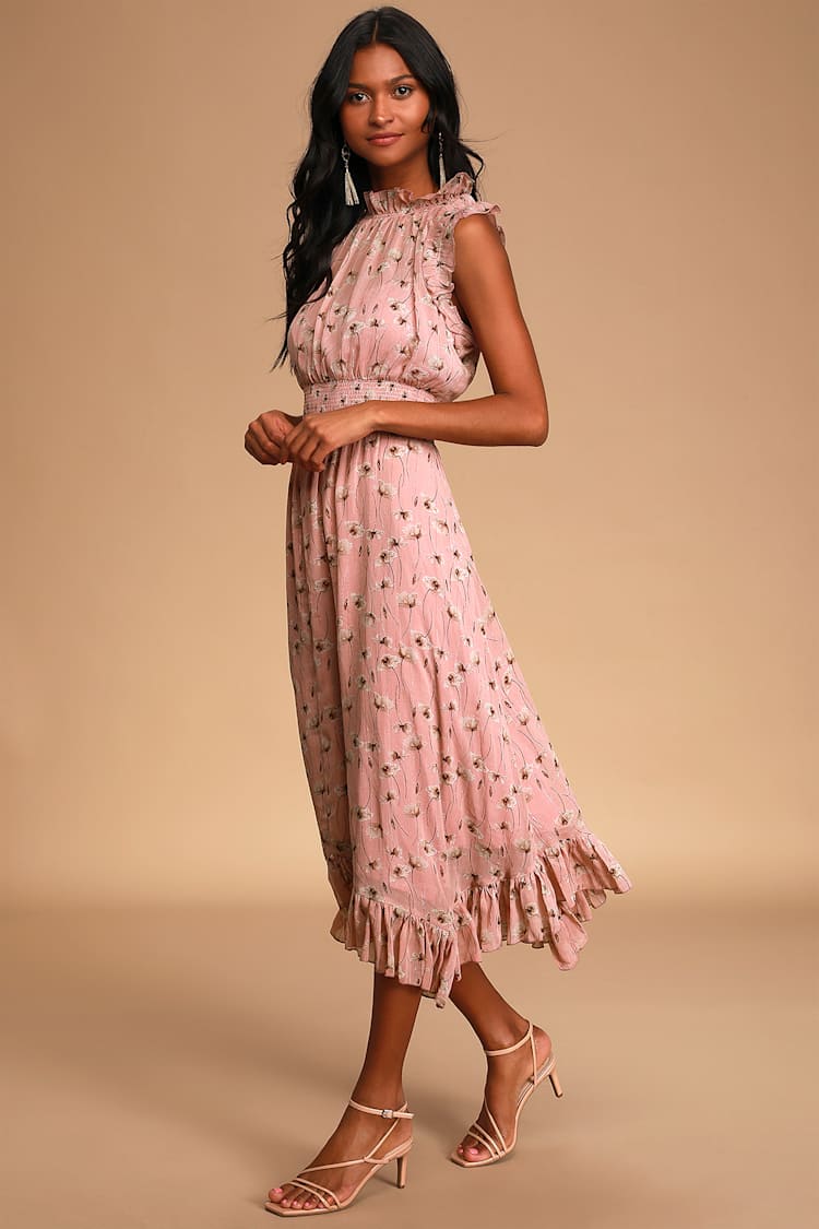 sachin and babi light blue dress Ruffled Floral Dress - Pink Floral Midi Dress - Chiffon Dress