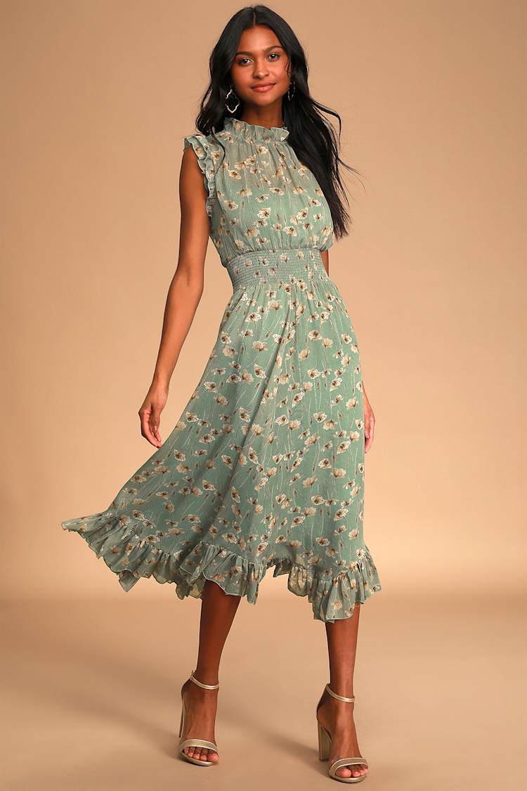 Ruffled Floral Dress - Green Floral Midi Dress - Chiffon Dress - Lulus