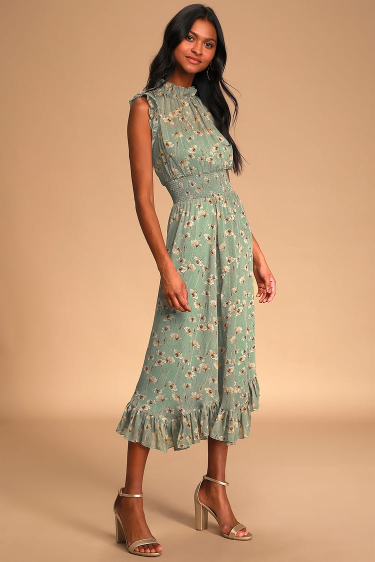Dress Dress - Green - - Floral Lulus Floral Chiffon Ruffled Dress Midi