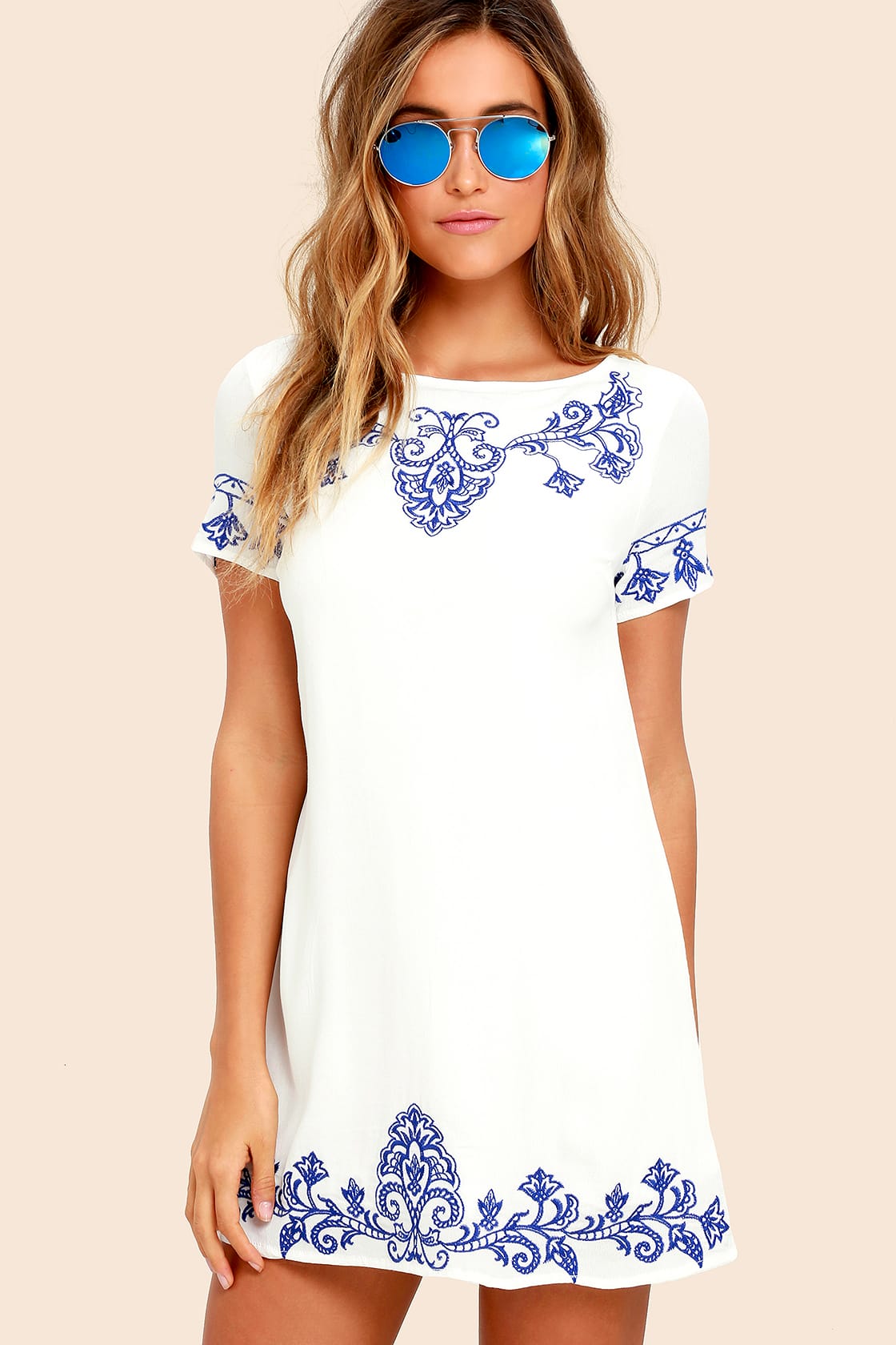 Tale to Tell Blue and Ivory Embroidered Shift Dress