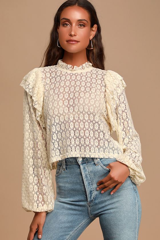 Lovely Cream Lace Top Lace Blouse Long Sleeve Top Lulus