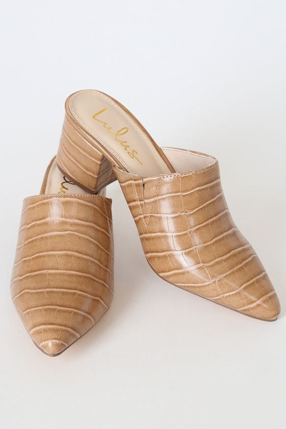 Jaymes Natural Crocodile-Embossed Pointed-Toe Mules 2
