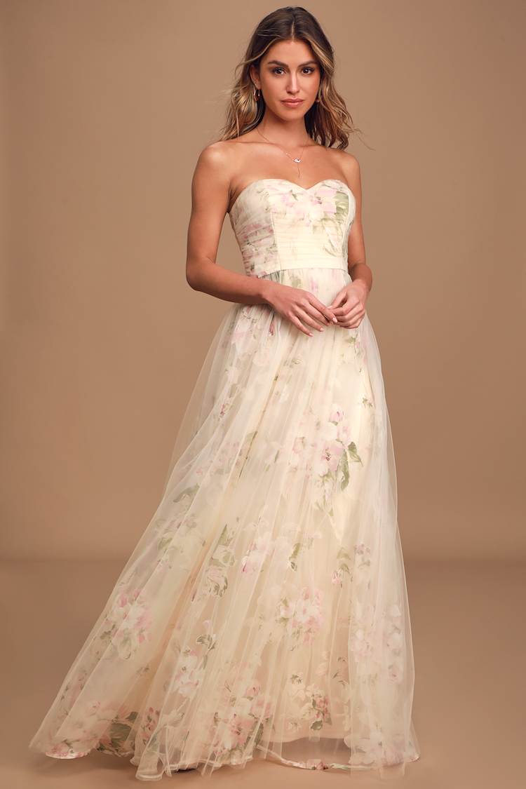 Pretty Beige Floral Print Dress - Pleated Mesh Maxi - Strapless 