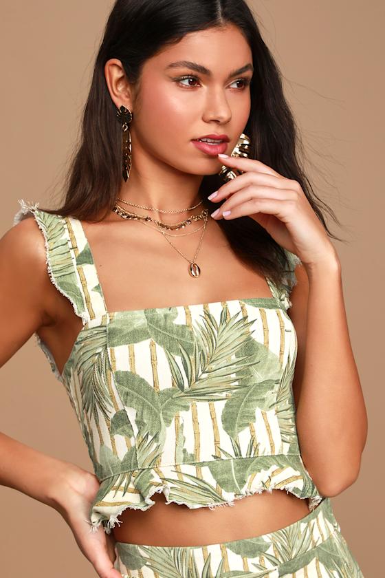 Delia Cream Leaf Print Ruffled Denim Crop Top 3