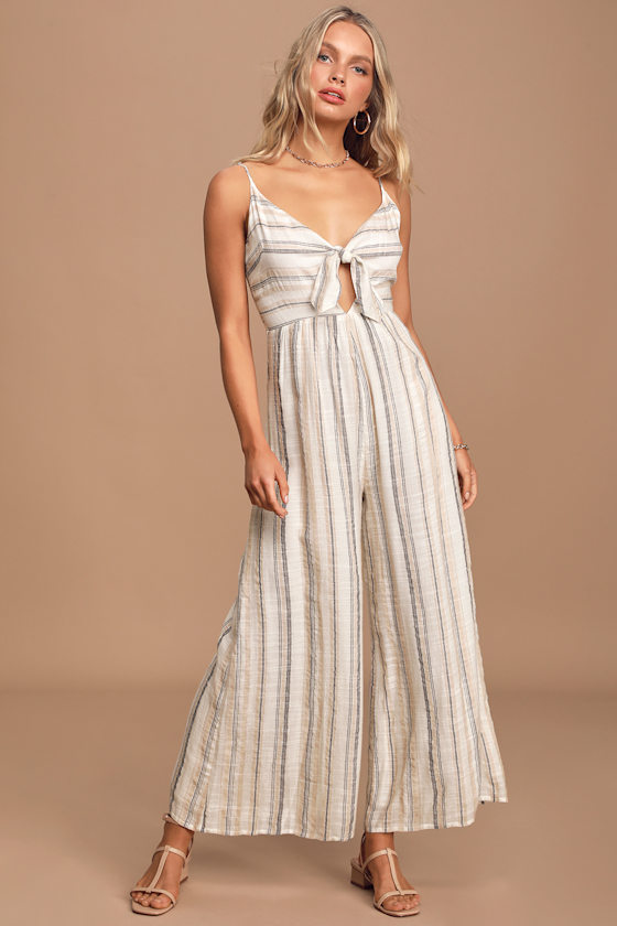 Life's a Beach Cream Multi Striped Tie-Front Wide-Leg Jumpsuit 3