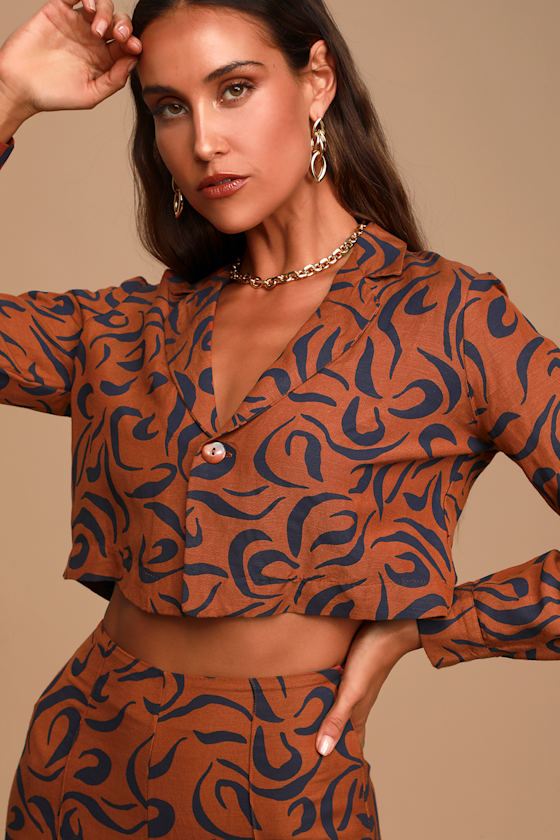 Faye Brown Print Long Sleeve Crop Top - sizes XS,S,M,L,XL