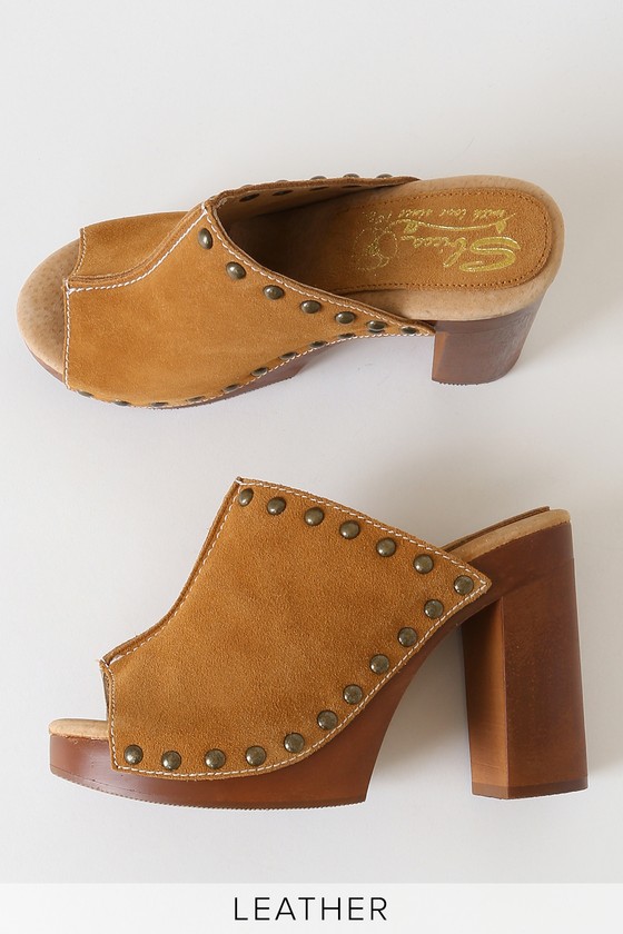 Sbicca Crowley - Studded Tan Leather Mules - Peep-Toe Sandals