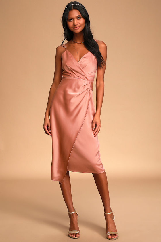 Rose Pink Dress Asymmetrical Midi Dress Satin Midi Dress Lulus