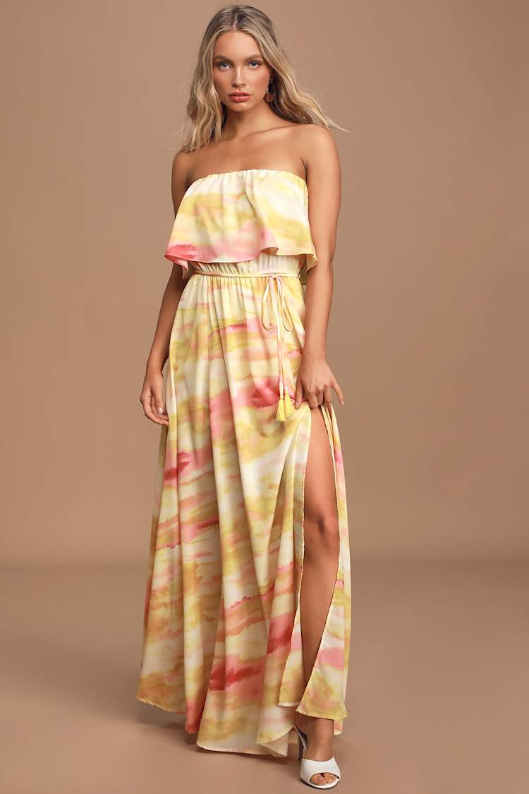 Cute Yellow Maxi Dress - Tie-Dye Maxi Dress - Strapless Dress - Lulus