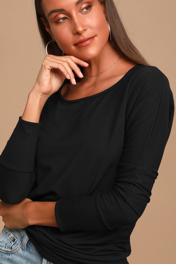 boat neck black long sleeve top