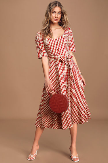 Red Gingham Dress Plaid Midi Dress Button-Up Midi Dress Lulus