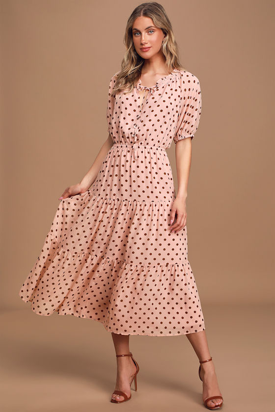 Love You Tier-ly Blush Pink Polka Dot Tiered Midi Dress 5