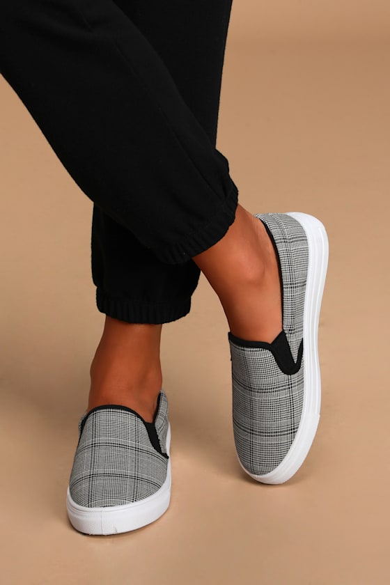 Cute Black and Grey Sneakers Plaid Sneakers SlipOn Sneakers
