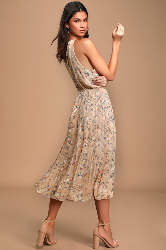 Beat of the Music Beige Floral Print Pleated Midi Dress 6