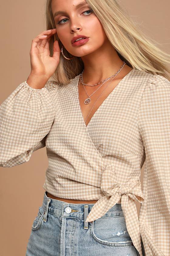 Cute Beige Long Sleeve Top Gingham Top Wrap Crop Top Lulus