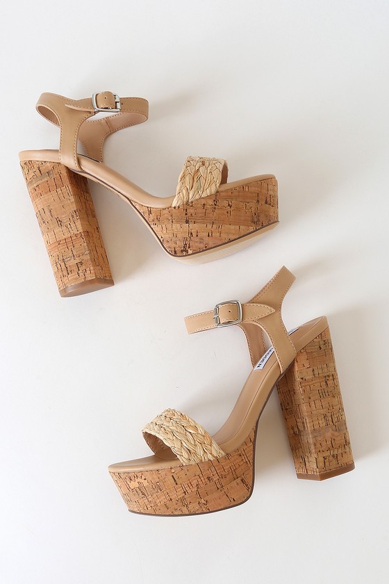 Steve Madden Heatwave Tan Raffia Heels Cork Platform Heels Lulus