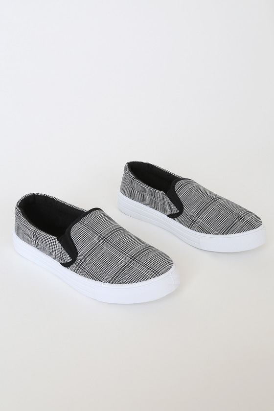black and grey slip ons