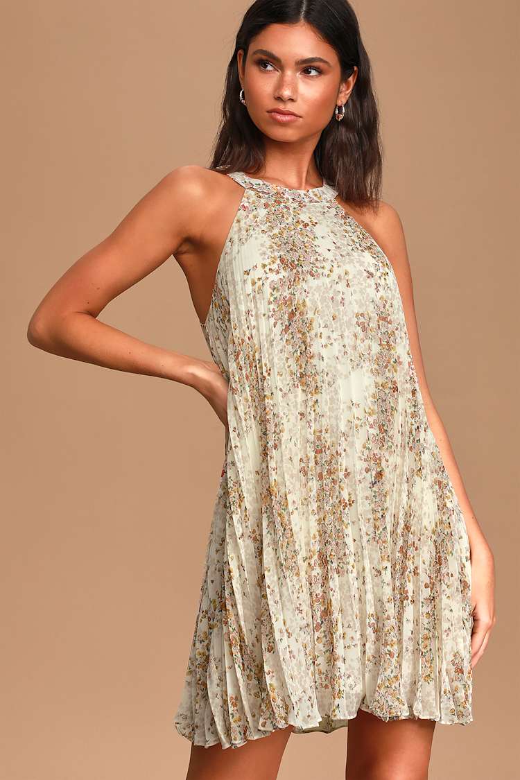 Cream Floral Print Dress - Pleated Mini Dress - Halter Dress - Lulus
