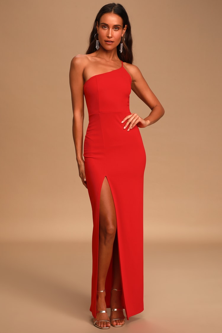Red Maxi Dress One-Shoulder Dress Sultry Maxi Gown - Lulus
