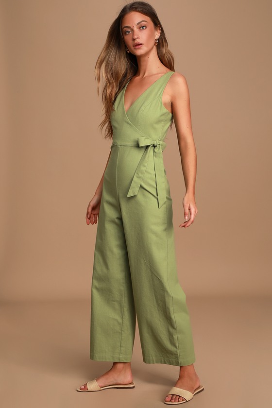 Cute Sage Green Jumpsuit - Wrap Jumpsuit - Wide-Leg Jumpsuit - Lulus