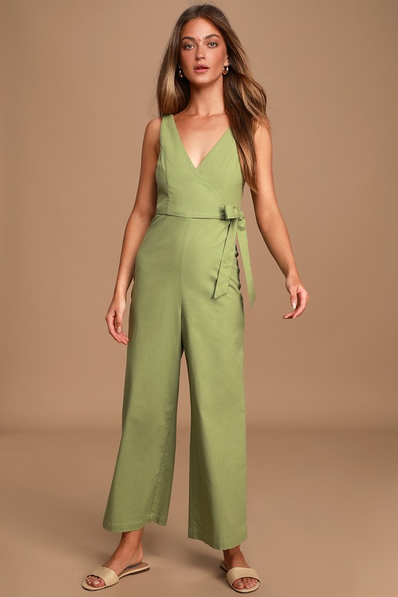 Cute Sage Green Jumpsuit - Wrap Jumpsuit - Wide-Leg Jumpsuit