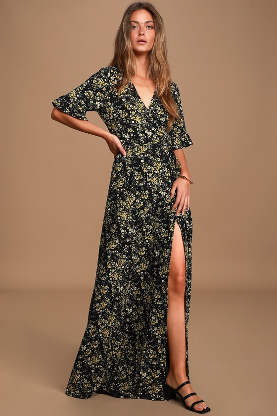 Lulus | September Sunsets Black Floral Print Wrap Maxi Dress | Size Medium