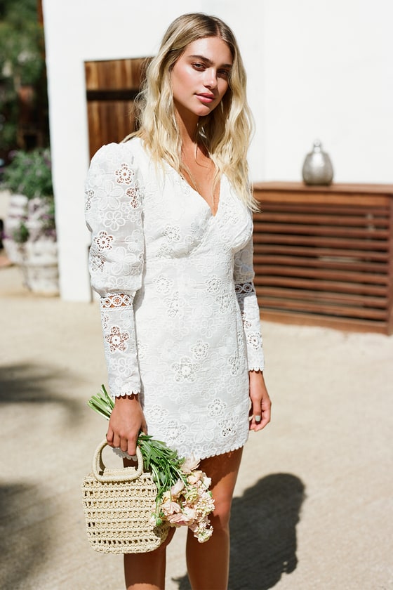 Blissful Times White Embroidered Lace Puff Sleeve Mini Dress