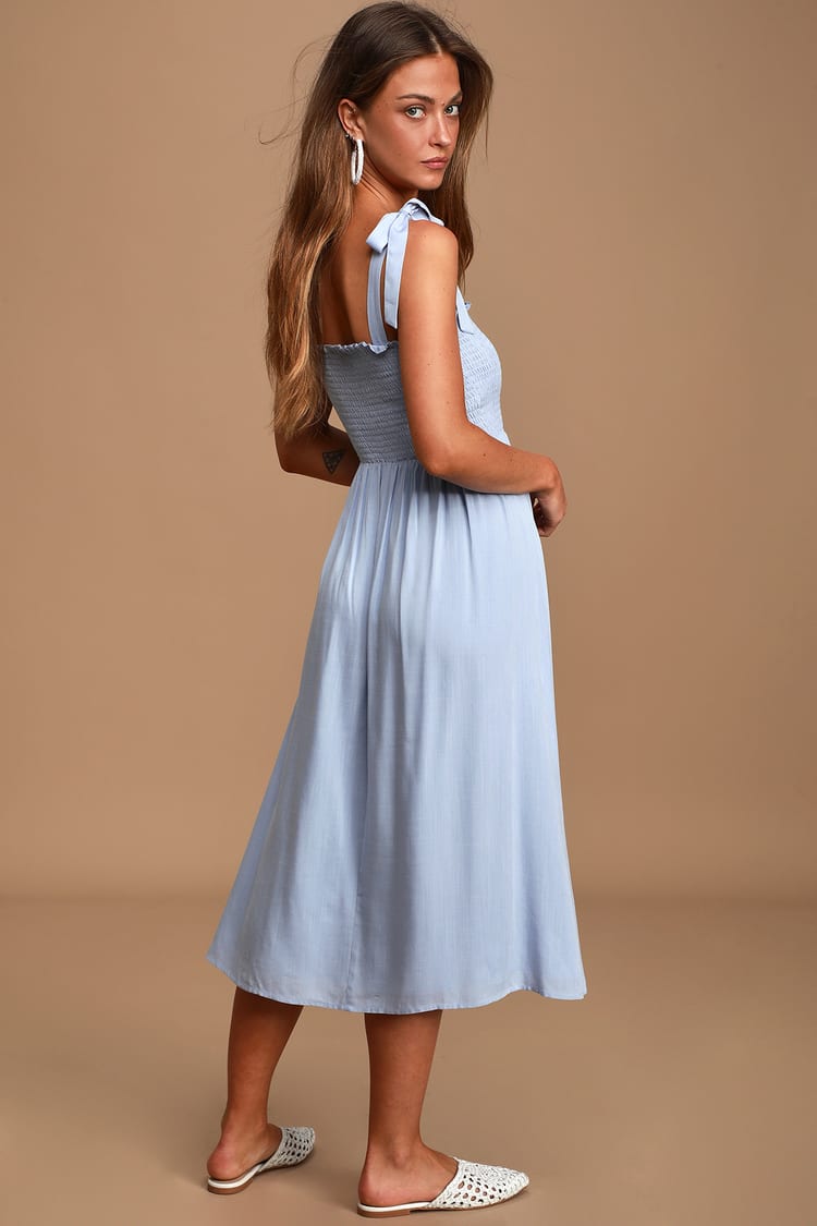 Looking Up Light Blue Smocked Tie-Strap Midi Dress in 2021 | Light blue