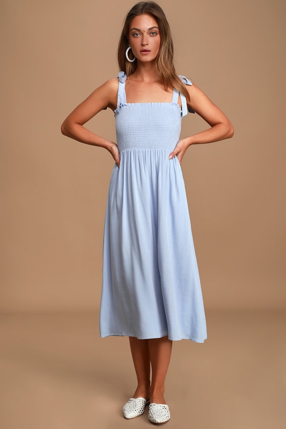 Light Blue Midi Dress - Smocked Dress - Tie-Strap Midi Dress