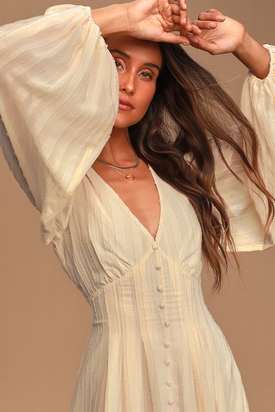 Follow the Love Cream Long Sleeve Button Front Midi Dress 3