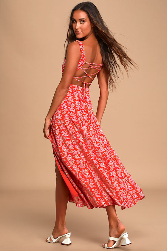Back to Backless Red Print Lace-Up Backless Dress 5