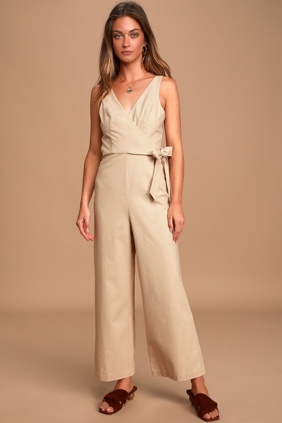 beige wide leg jumpsuit