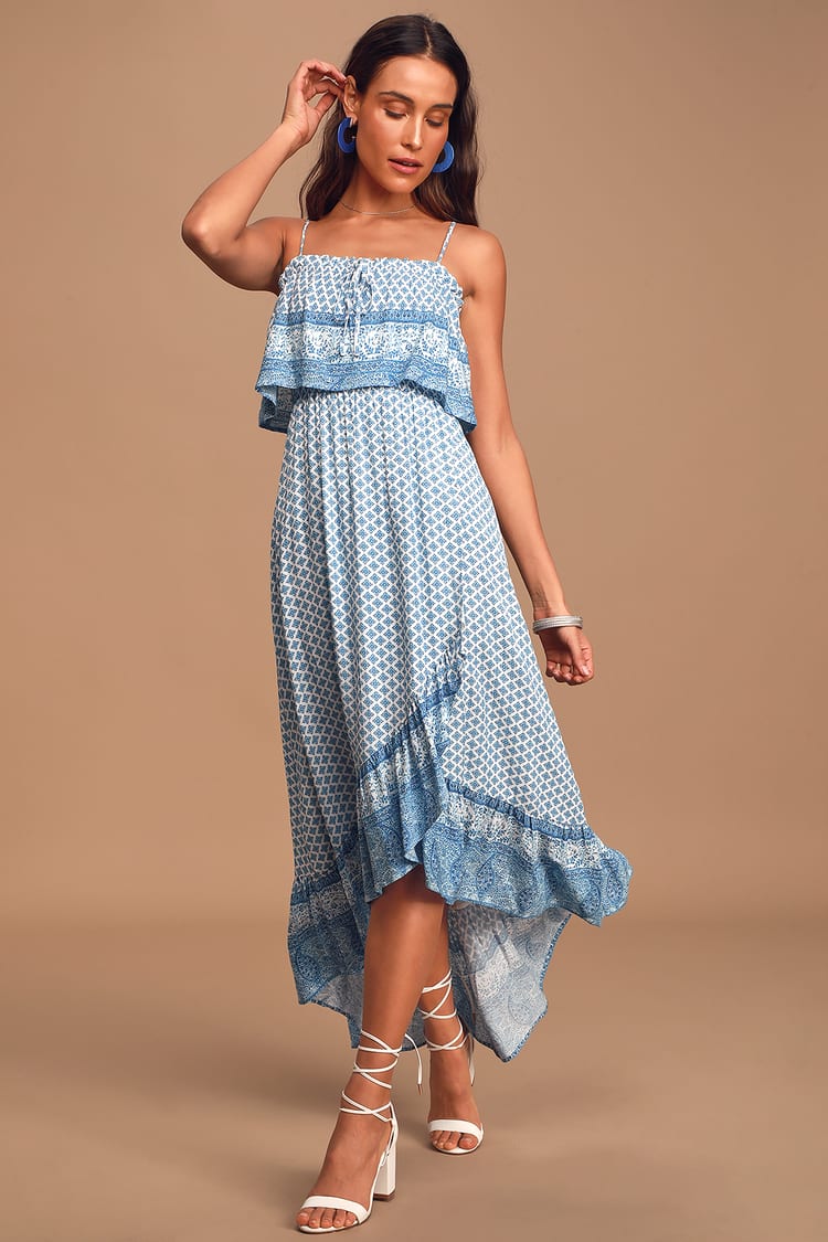Moment of Reflection Blue and White Print High-Low Maxi Dress