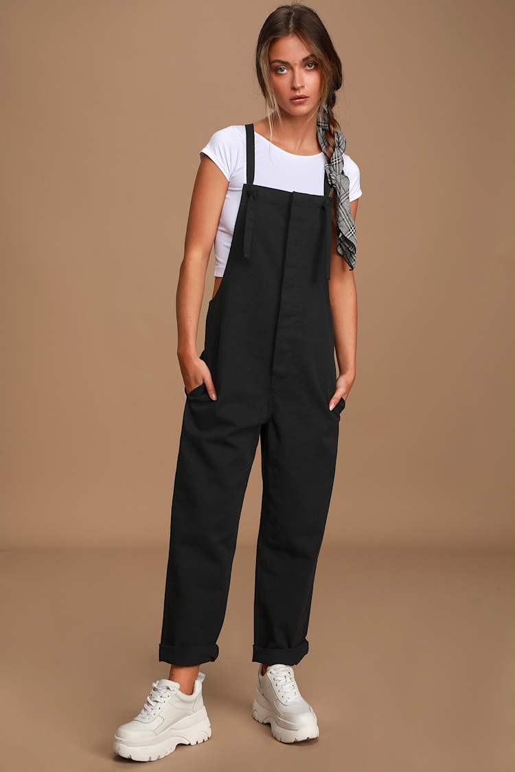 black overall dress outfit winter Black jumper dresses