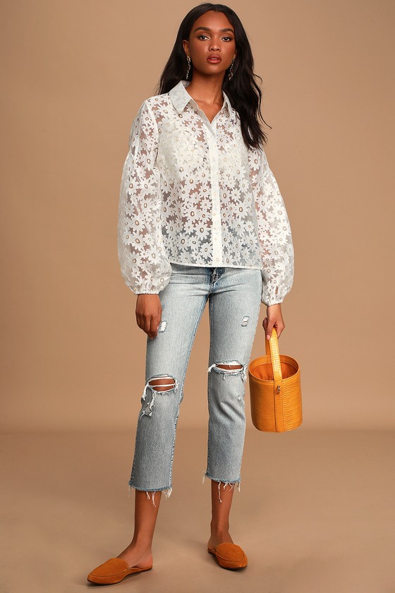Cute White Top - Floral Lace Top - Button-Up Top - Organza