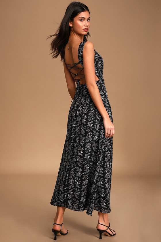 Cute Black Print Dress - Backless Midi Dress - Lace Up Dress - Lulus