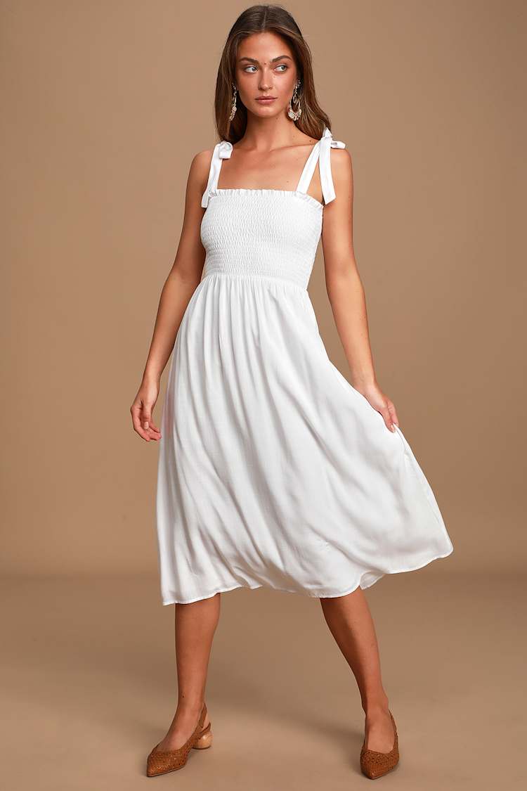 Looking Up White Smocked Tie-Strap Midi Dress