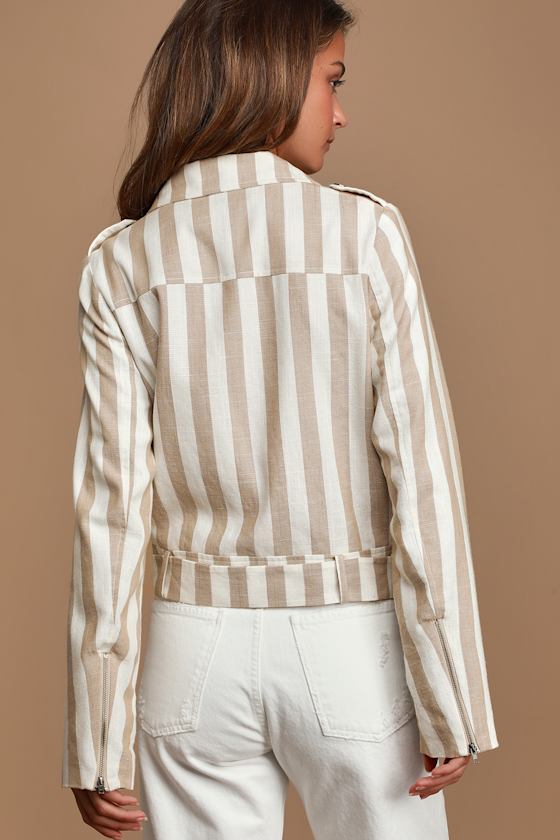 Vacation Signature Taupe and Ivory Striped Belted Moto Jacket 6