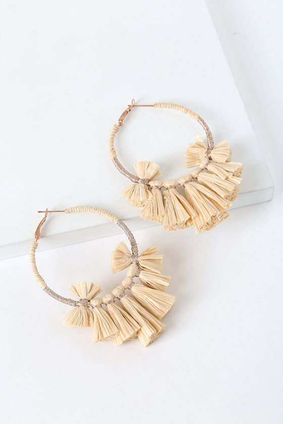 Vacay for Days Tan Raffia Fringe Hoop Earrings