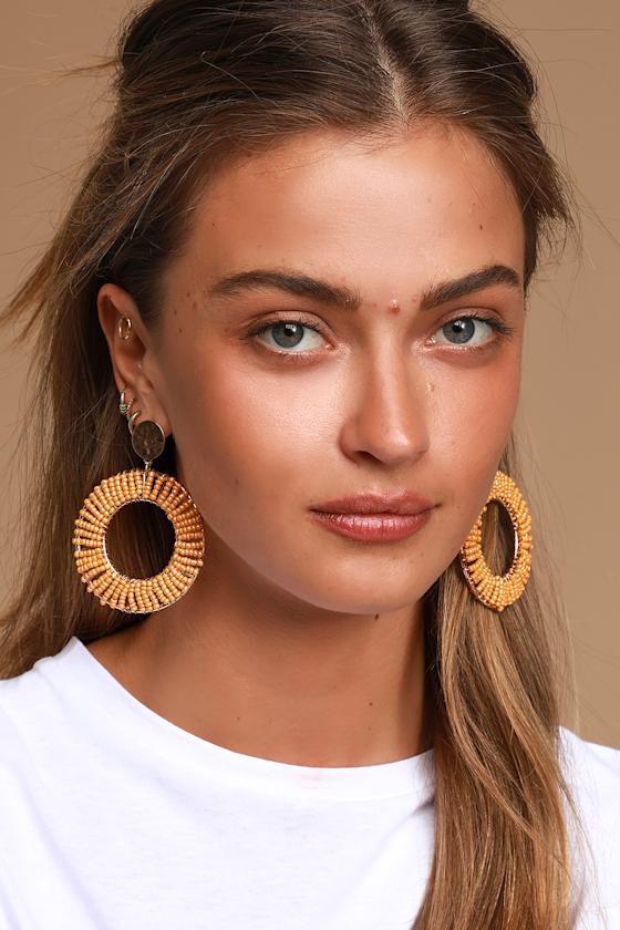 Gold Beaded Circle Earrings Peach Beaded Earrings Earrings Lulus