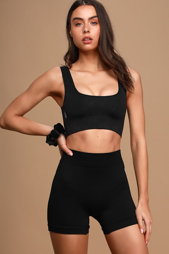 Seamless Black Ribbed Low Impact Active Shorts 1