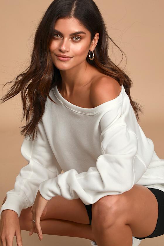 White Sweatshirt OfftheShoulder Sweatshirt Pullover Sweater Lulus