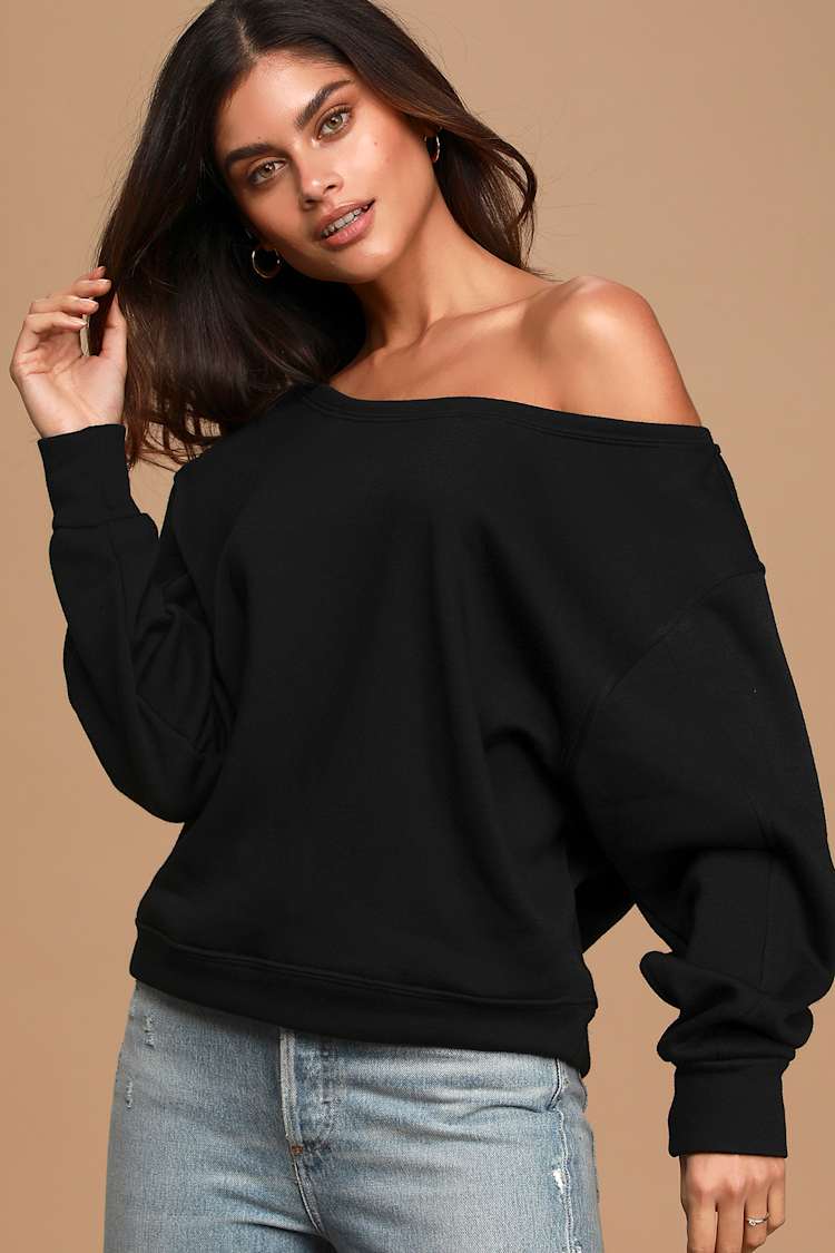 Black Sweatshirt - Off-the-Shoulder Sweatshirt - Pullover Sweater - Lulus