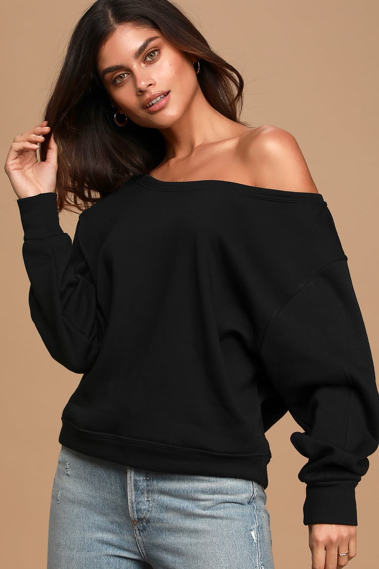 Black Sweatshirt - Off-the-Shoulder Sweatshirt - Pullover Sweater - Lulus
