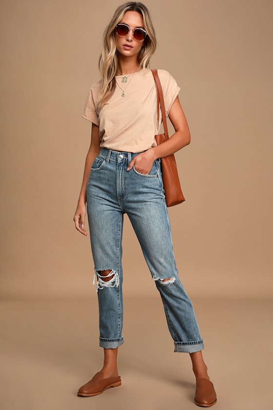 Eden Medium-Wash High Rise Distressed Cropped Jeans 1