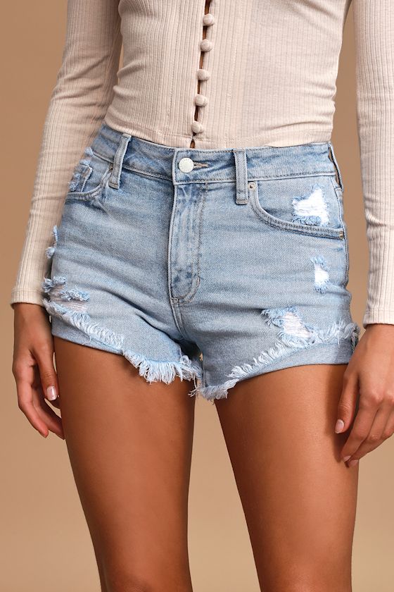 Light Wash Distressed Denim Cutoff Shorts 3