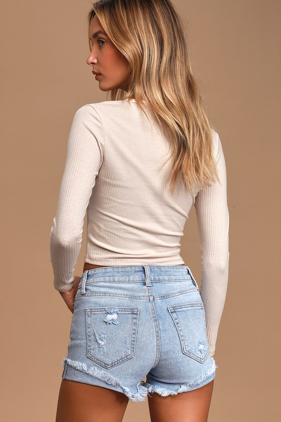 JUST USA TRAIL BLAZER LIGHT WASH DISTRESSED DENIM CUTOFF SHORTS 