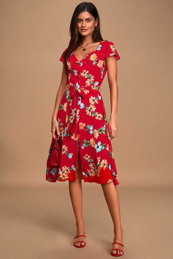 Cute Red Floral Dress - Button-Up Dress 